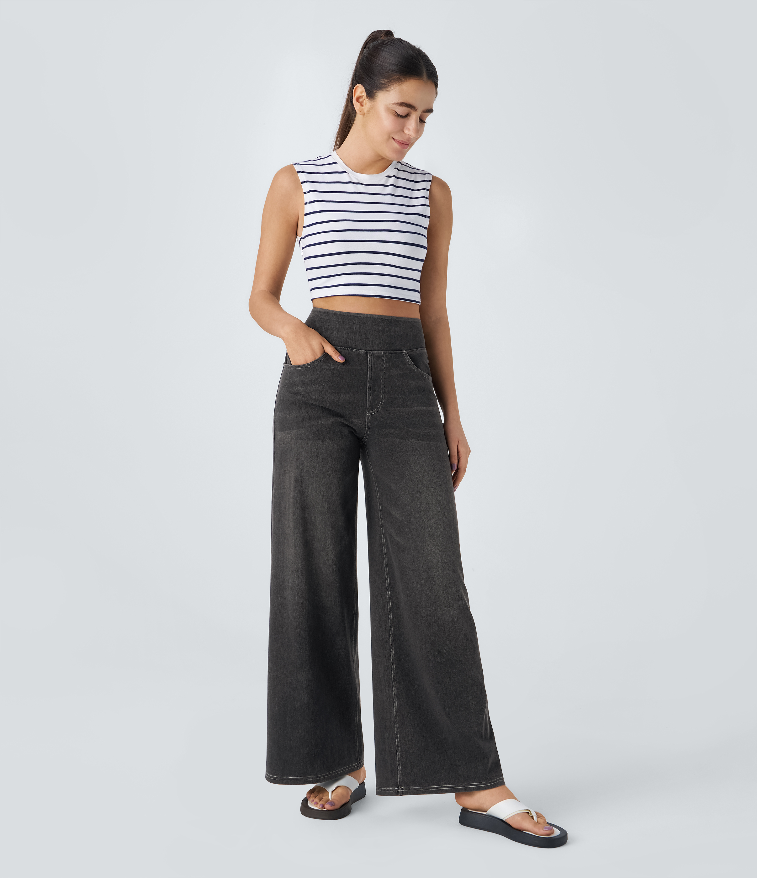 FlexHigh Waisted Pockets Baggy Wide Leg Washed Casual Jeans