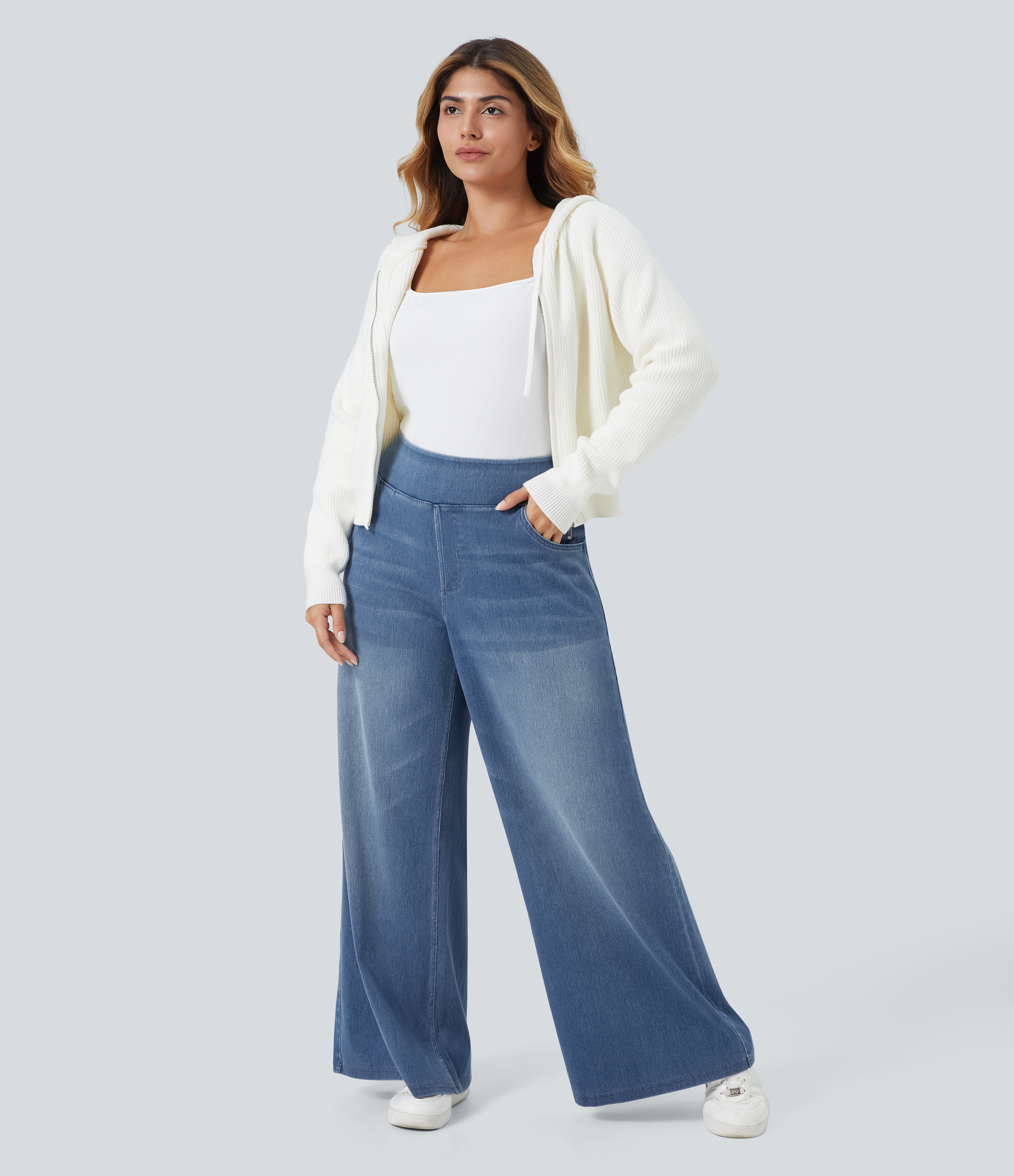 FlexHigh Waisted Pockets Baggy Wide Leg Washed Casual Plus Size Jeans