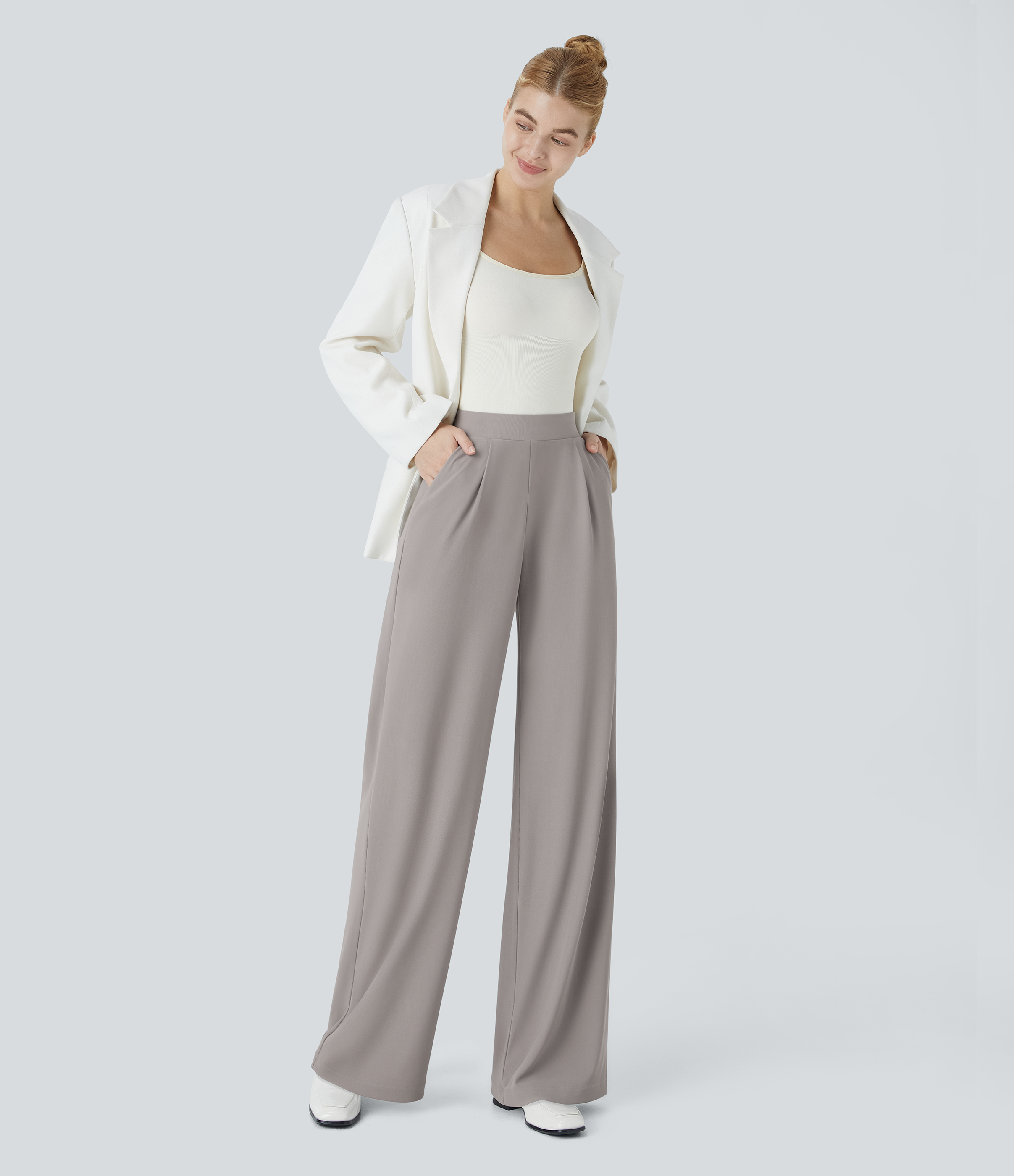 FlexHigh Waisted Body Sculpt Waist-Slimming Pocket Wide Leg Micro Waffle Work Pants