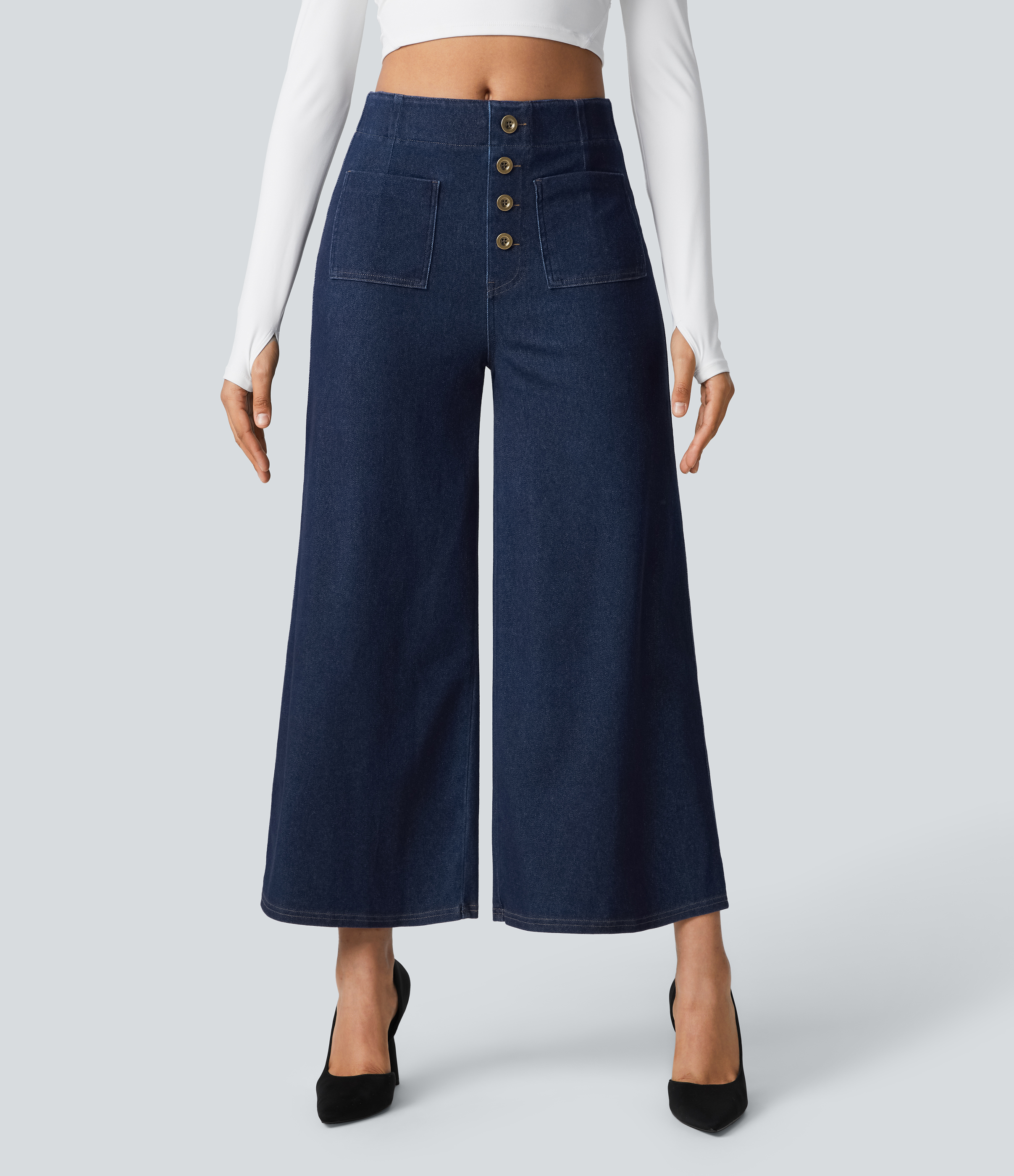 FlexHigh Waisted Pockets Washed Casual Wide Leg Jeans