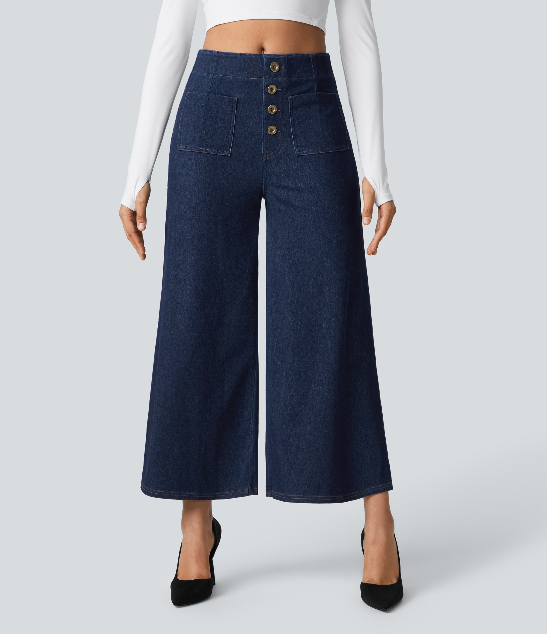 FlexHigh Waisted Pockets Washed Casual Wide Leg Jeans