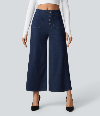 FlexHigh Waisted Pockets Washed Casual Wide Leg Jeans