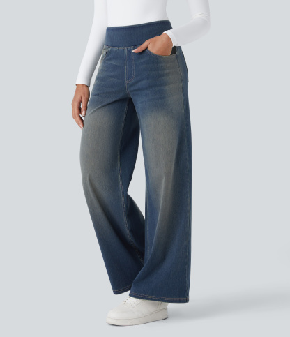 FlexHigh Waisted Pockets Baggy Wide Leg Washed Casual Jeans