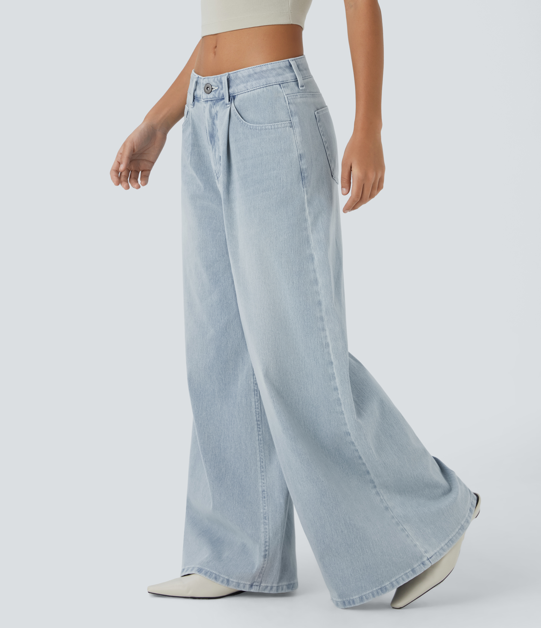 FlexMid Rise Zipper Pockets Baggy Wide Leg Washed Casual Jeans