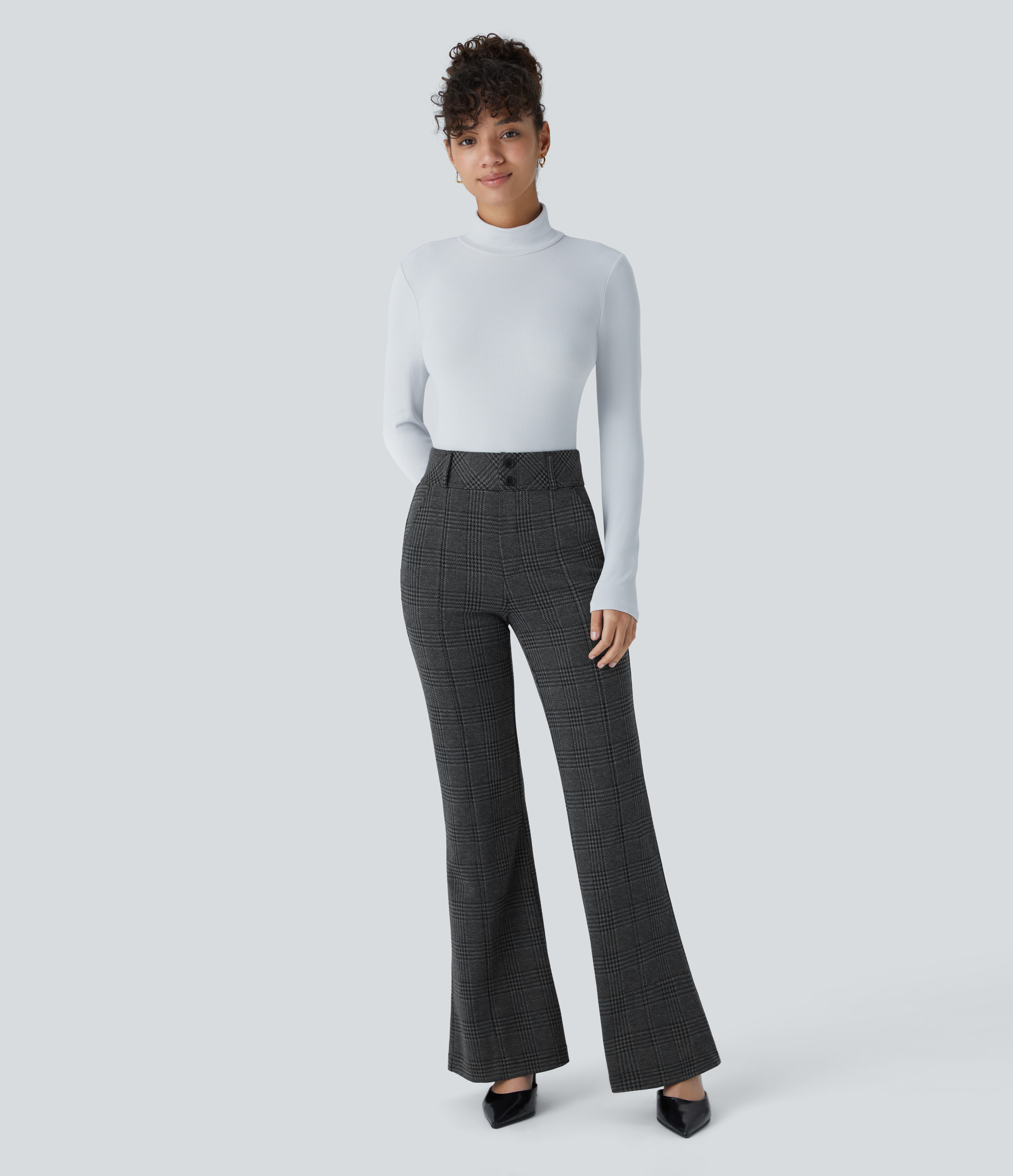FlexHigh Waisted Decorative Pocket Houndstooth Plaid Work Flare Pants