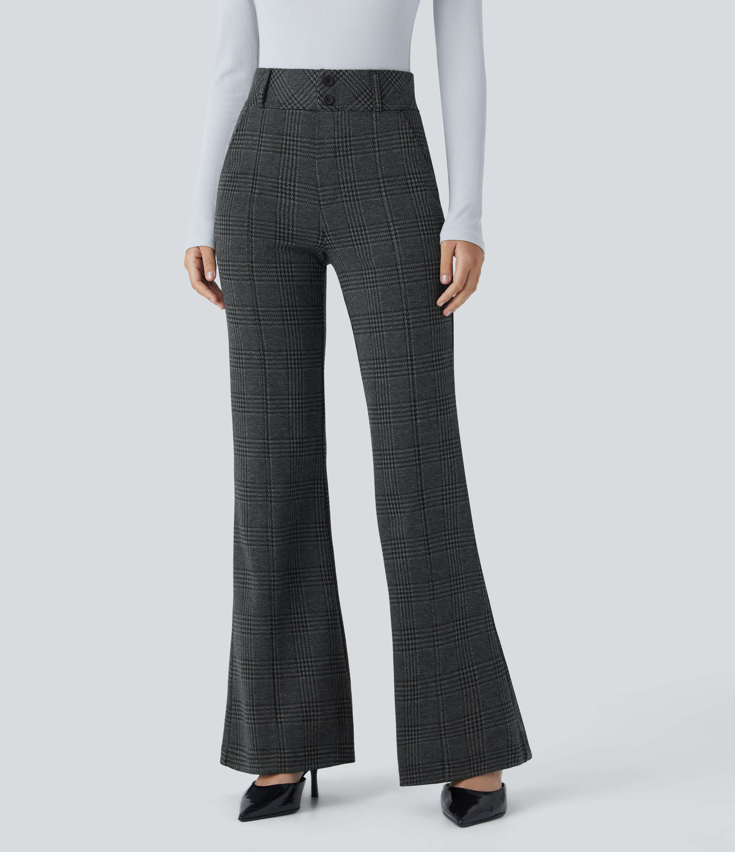 FlexHigh Waisted Decorative Pocket Houndstooth Plaid Work Flare Pants