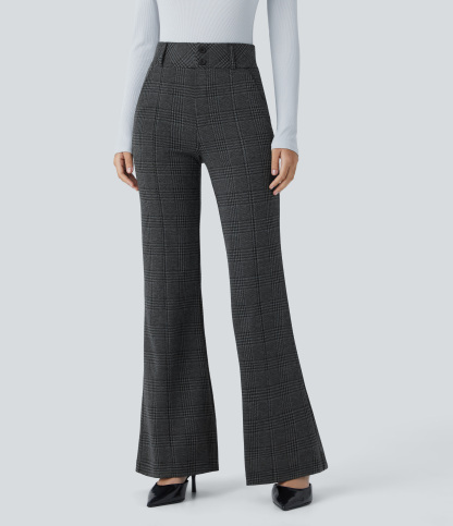 FlexHigh Waisted Decorative Pocket Houndstooth Plaid Work Flare Pants