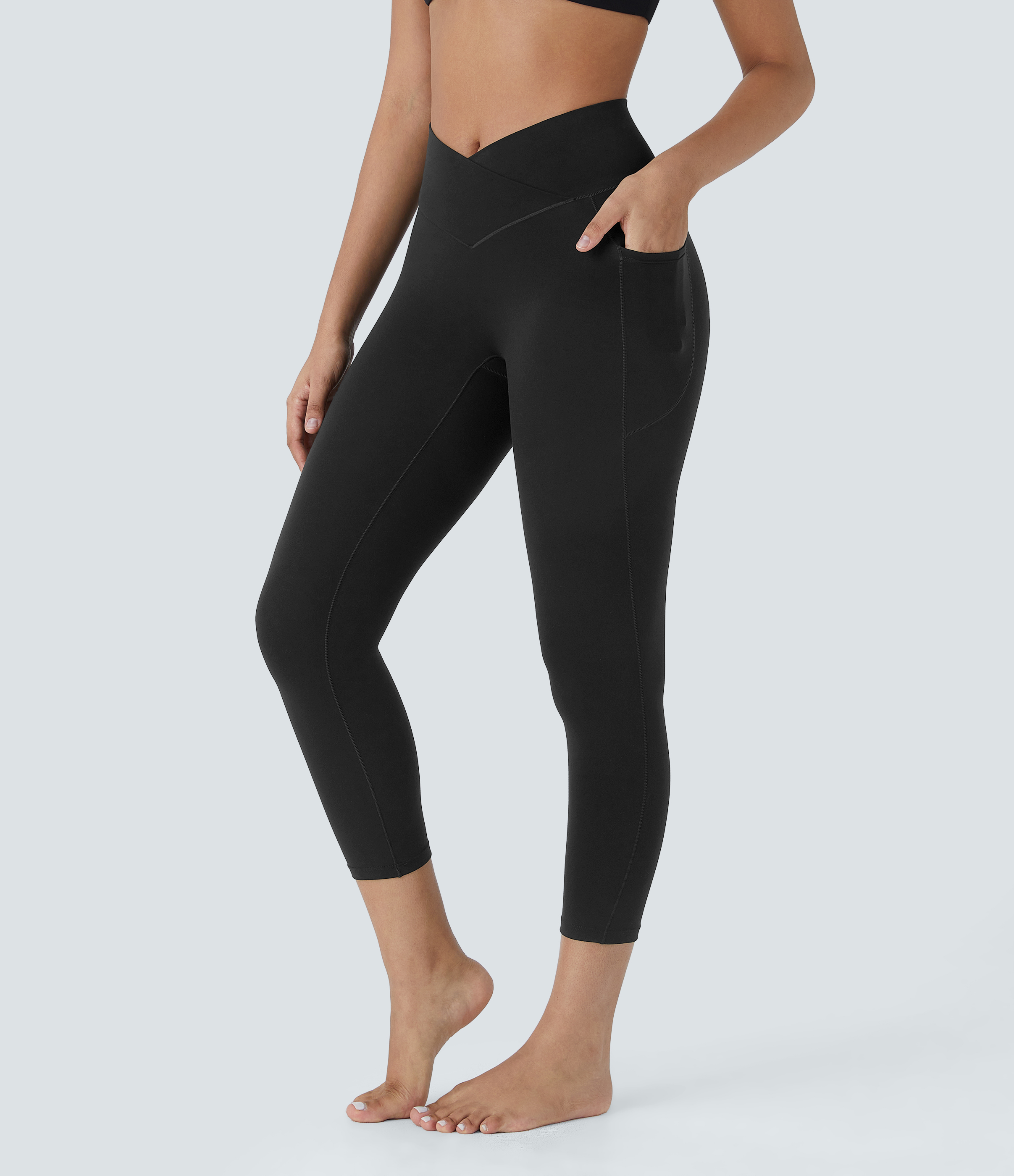 SoftlyZeroHigh Waisted Crossover Pocket Capri Yoga Leggings-UPF50+