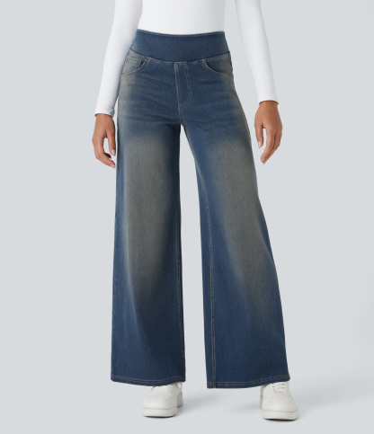 FlexHigh Waisted Pockets Baggy Wide Leg Washed Casual Jeans