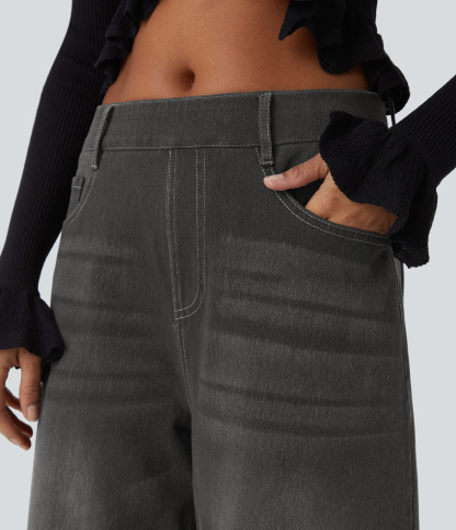 FlexMid Rise Pockets Barrel Leg Casual Jeans