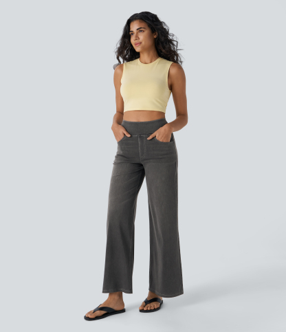 FlexHigh Waisted Pockets Baggy Wide Leg Washed Casual Jeans
