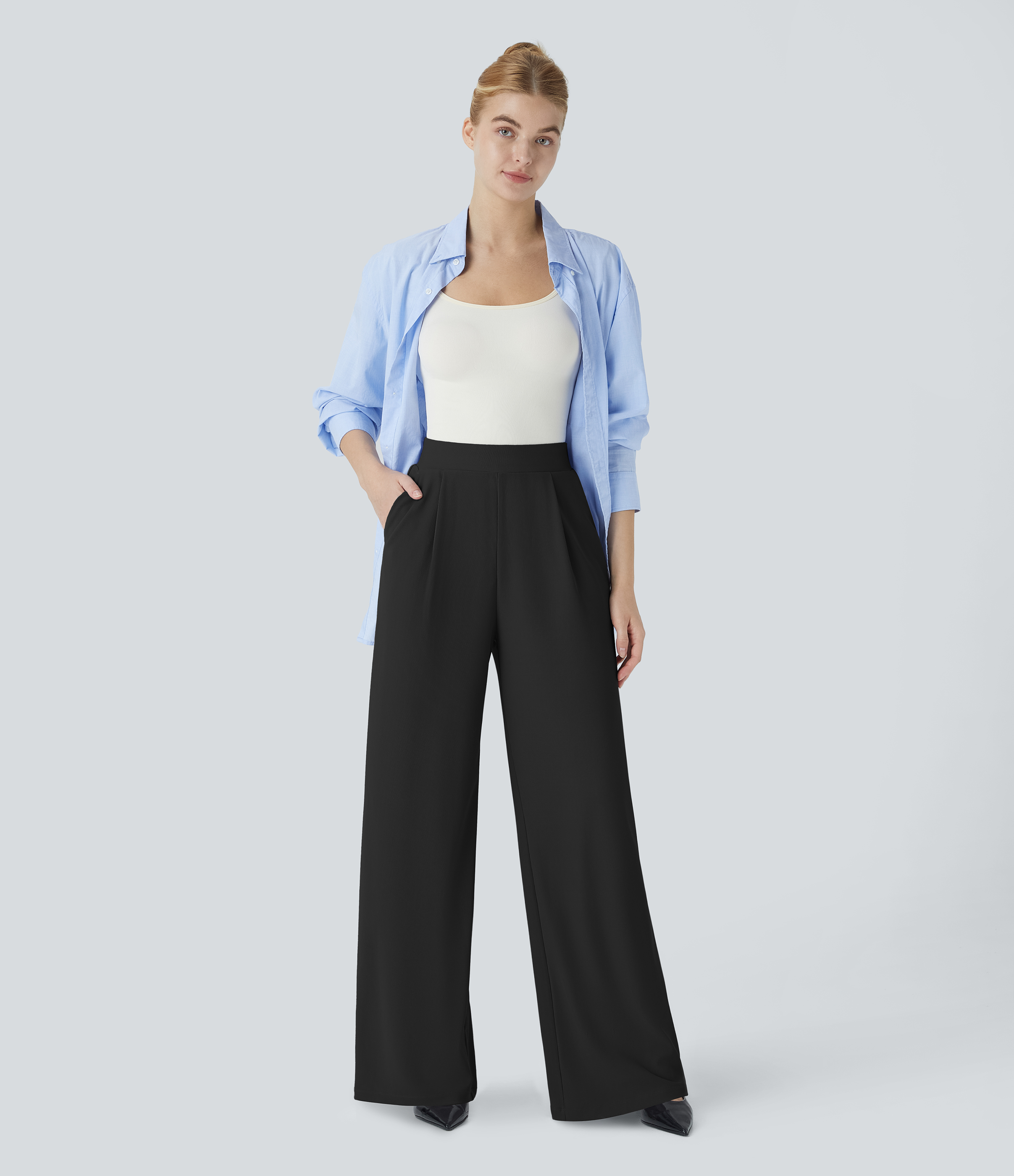 FlexHigh Waisted Body Sculpt Waist-Slimming Pocket Wide Leg Micro Waffle Work Pants