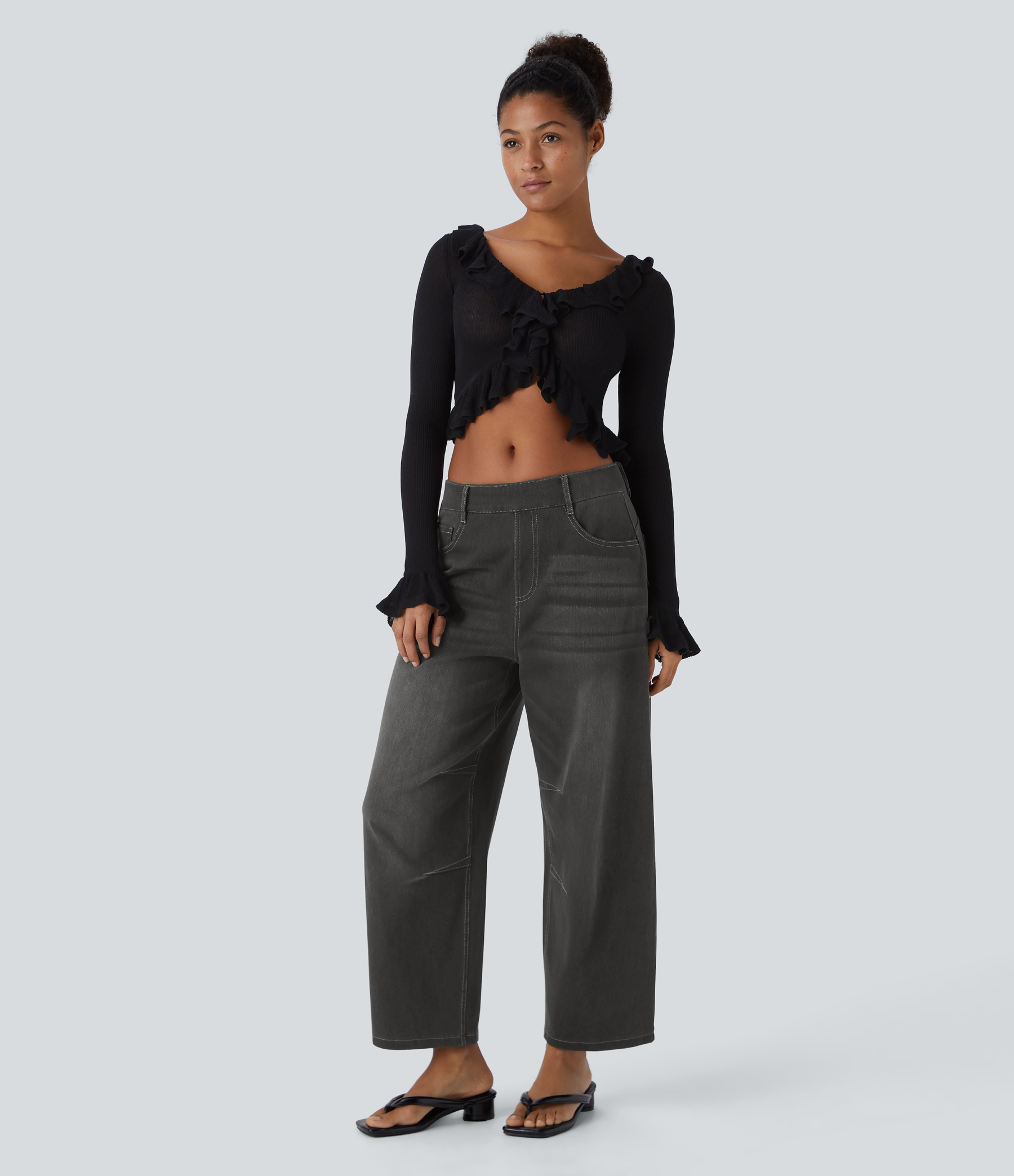 FlexMid Rise Pockets Barrel Leg Casual Jeans