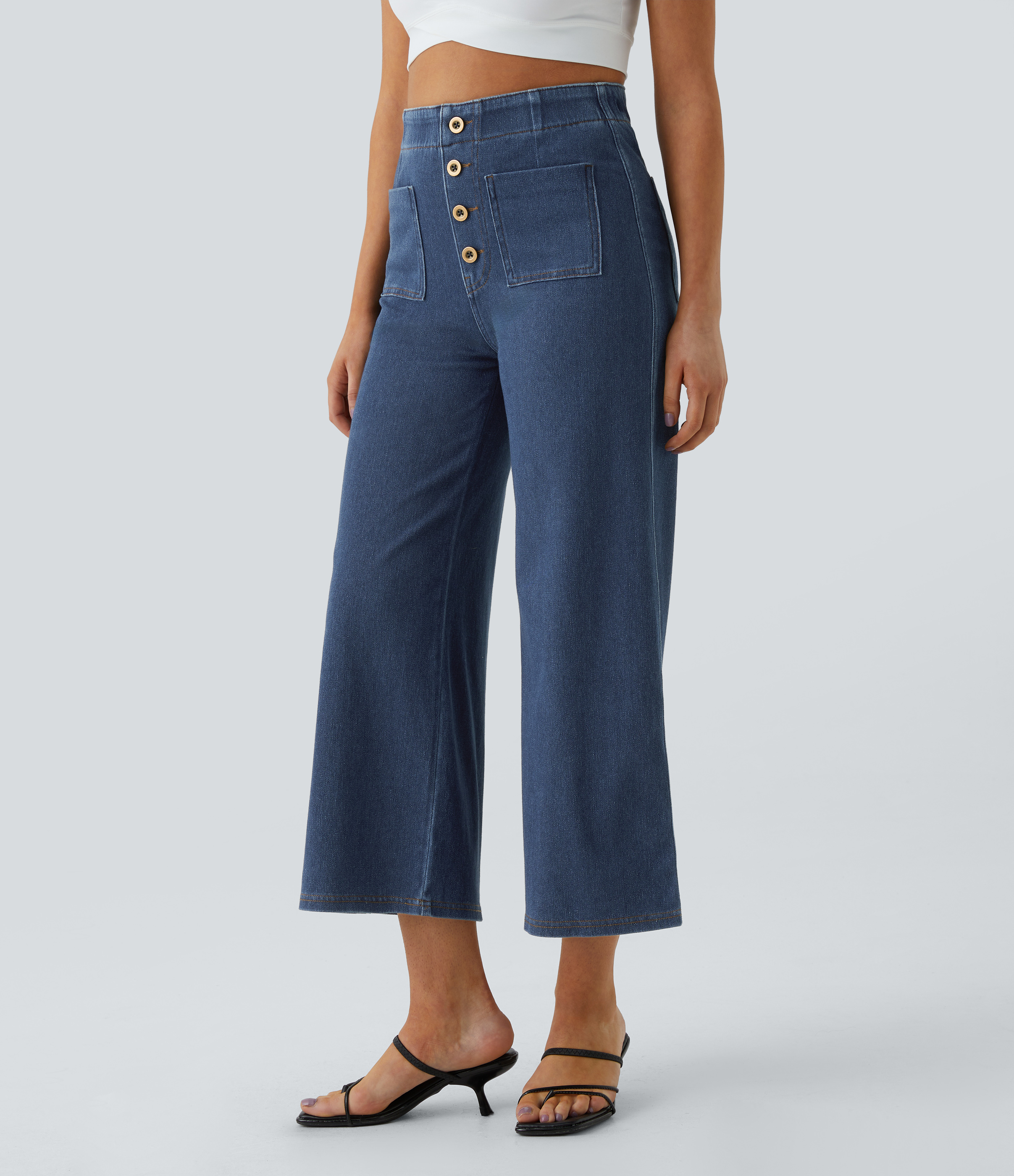 FlexHigh Waisted Pockets Washed Casual Wide Leg Jeans