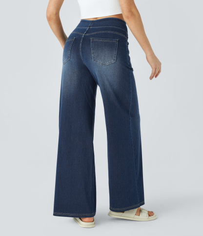 FlexHigh Waisted Pockets Baggy Wide Leg Washed Casual Jeans