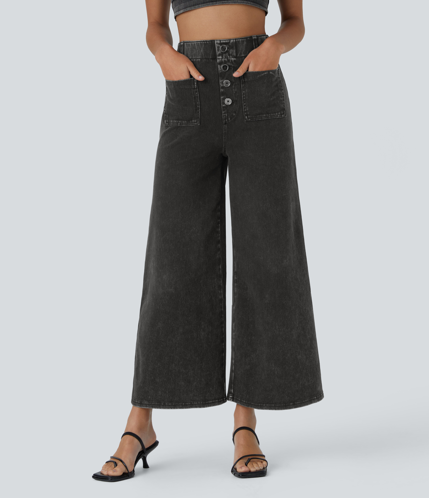 FlexHigh Waisted Pockets Washed Casual Wide Leg Jeans
