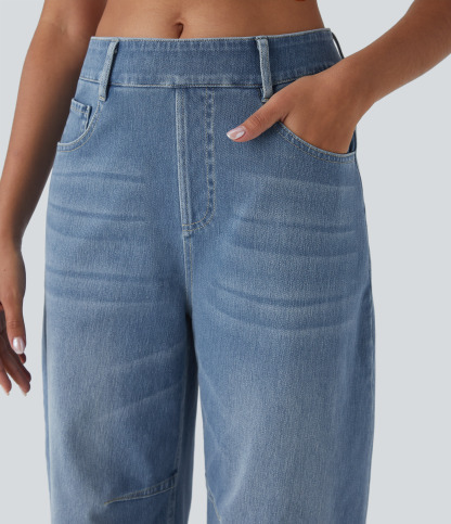FlexMid Rise Pockets Barrel Leg Casual Jeans