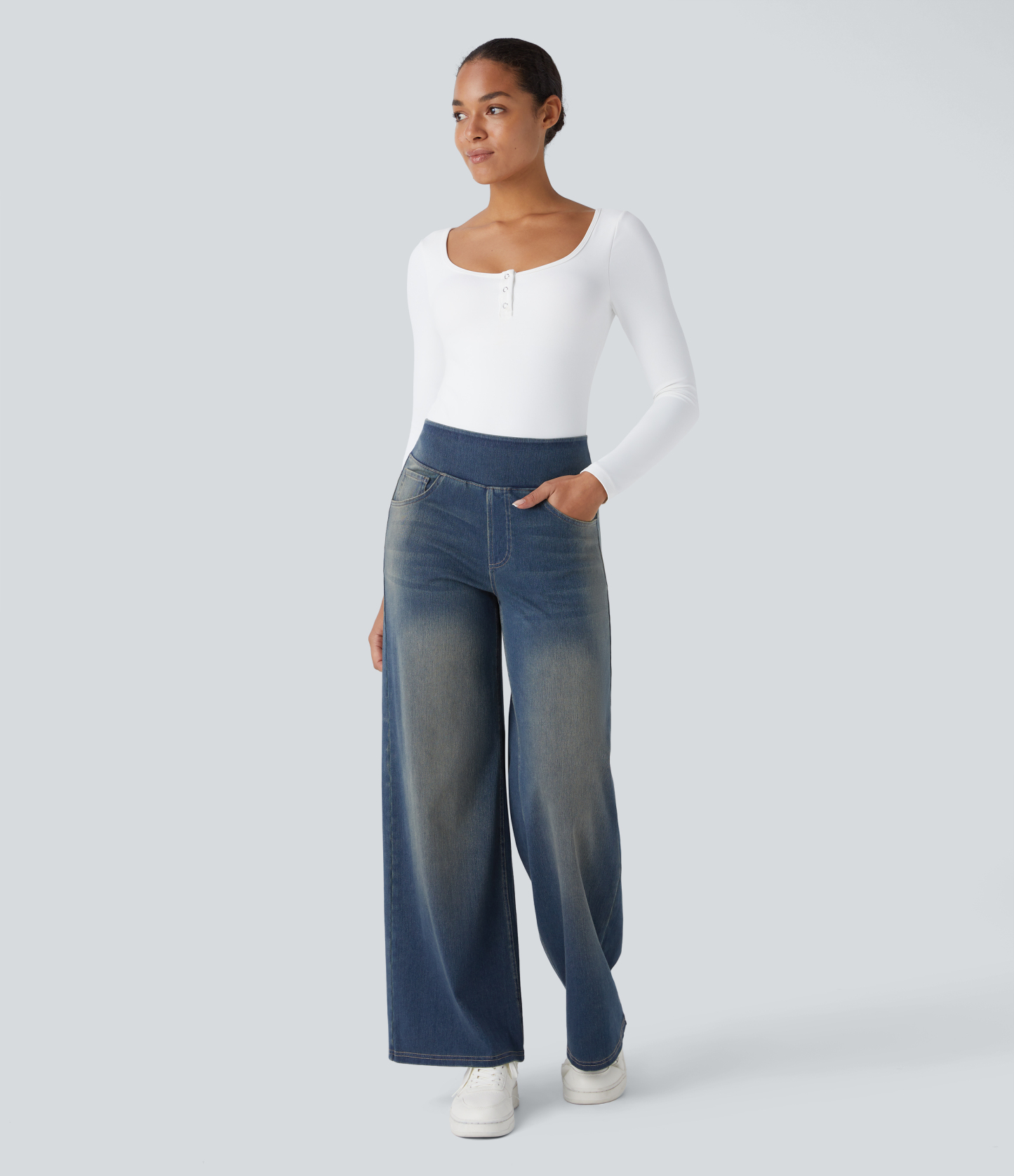 FlexHigh Waisted Pockets Baggy Wide Leg Washed Casual Jeans