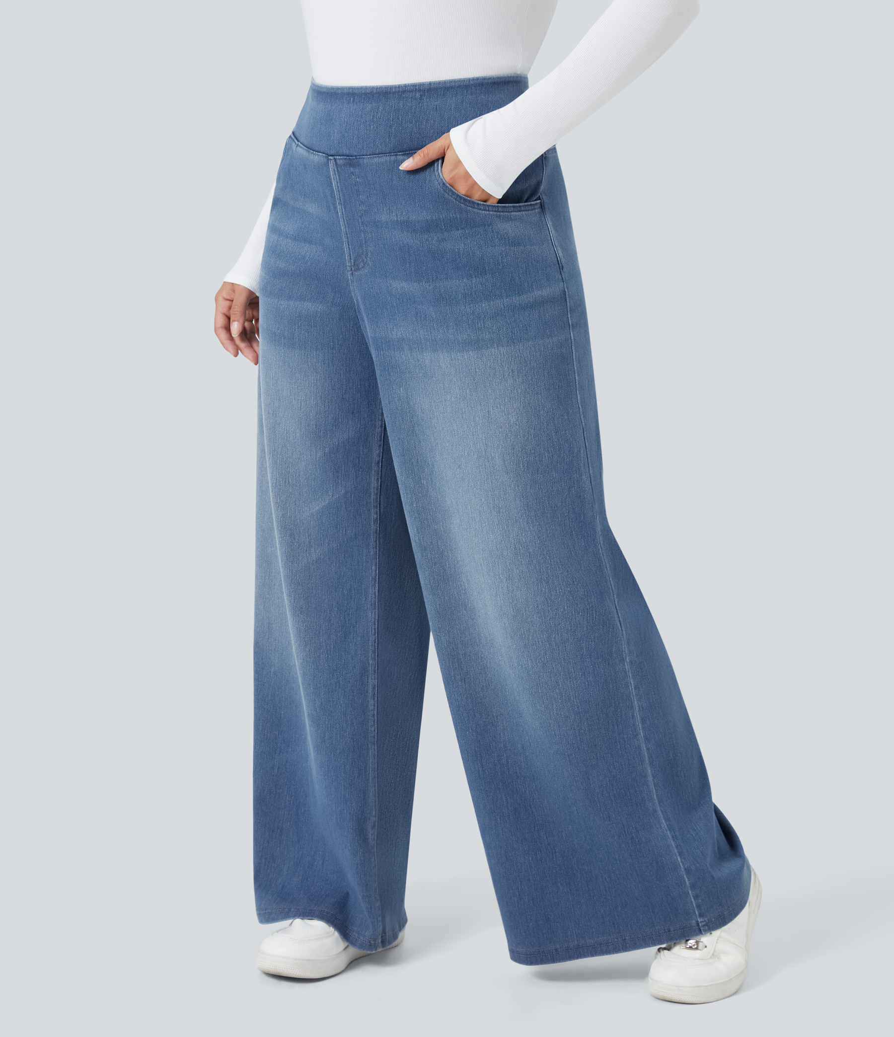 FlexHigh Waisted Pockets Baggy Wide Leg Washed Casual Plus Size Jeans