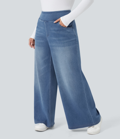FlexHigh Waisted Pockets Baggy Wide Leg Washed Casual Plus Size Jeans