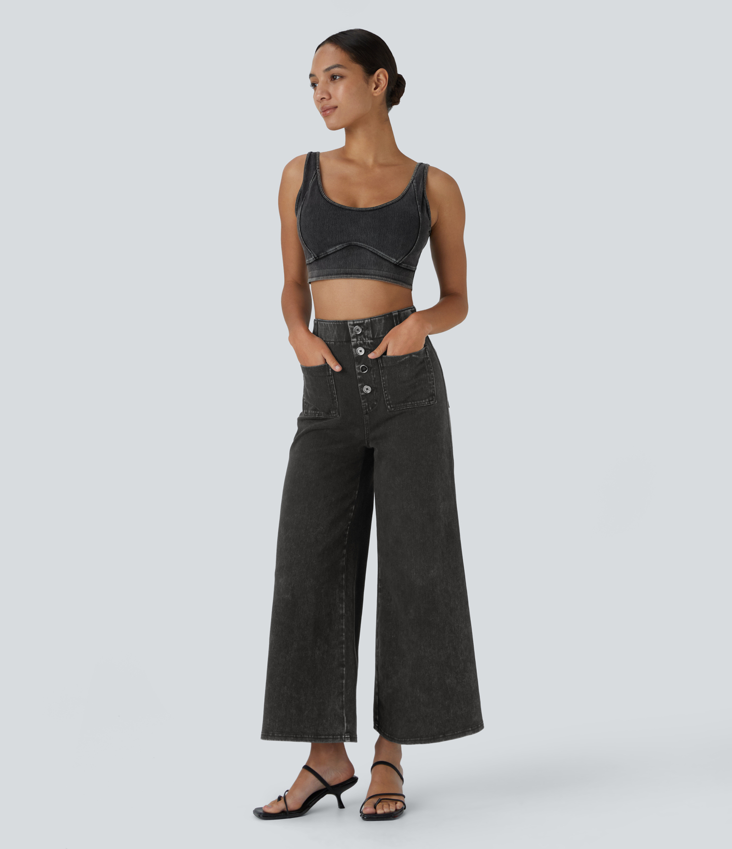 FlexHigh Waisted Pockets Washed Casual Wide Leg Jeans