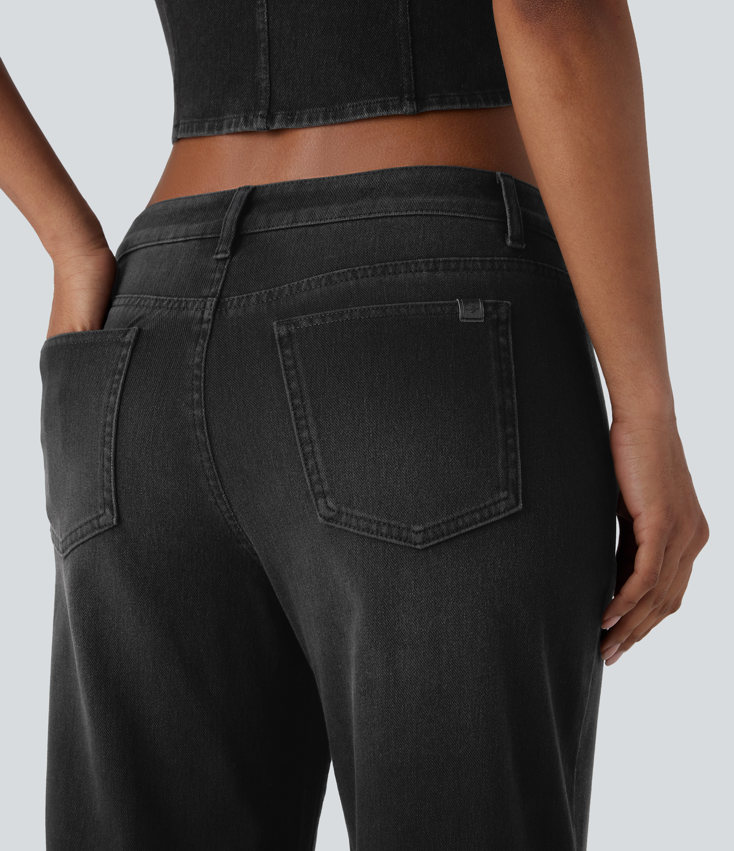 FlexLow Rise Zipper Pockets Baggy Wide Leg Flare Washed Casual Jeans