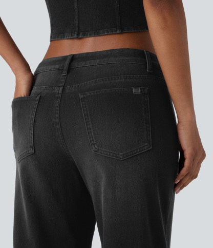 FlexLow Rise Zipper Pockets Baggy Wide Leg Flare Washed Casual Jeans