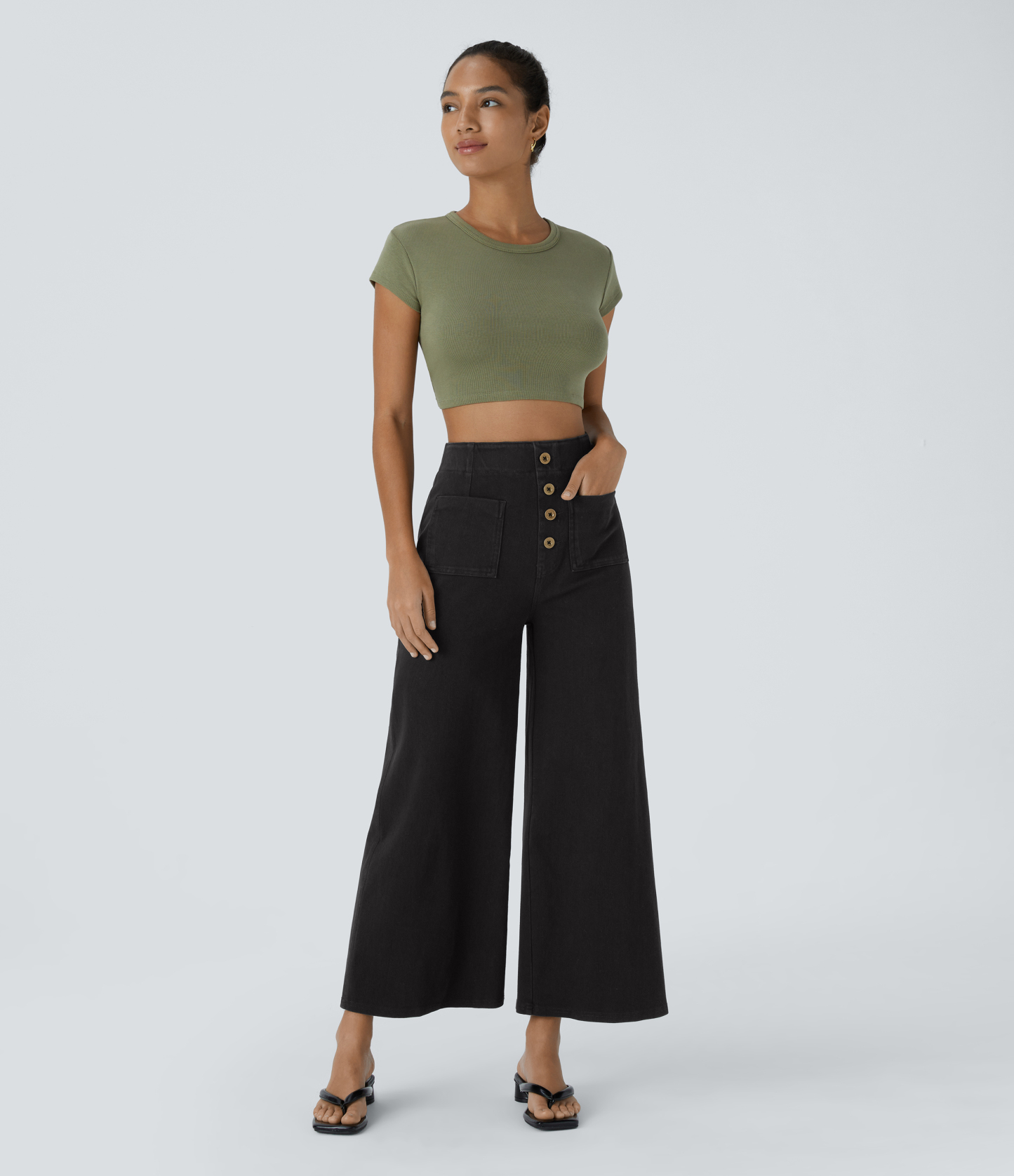 FlexHigh Waisted Pockets Washed Casual Wide Leg Jeans