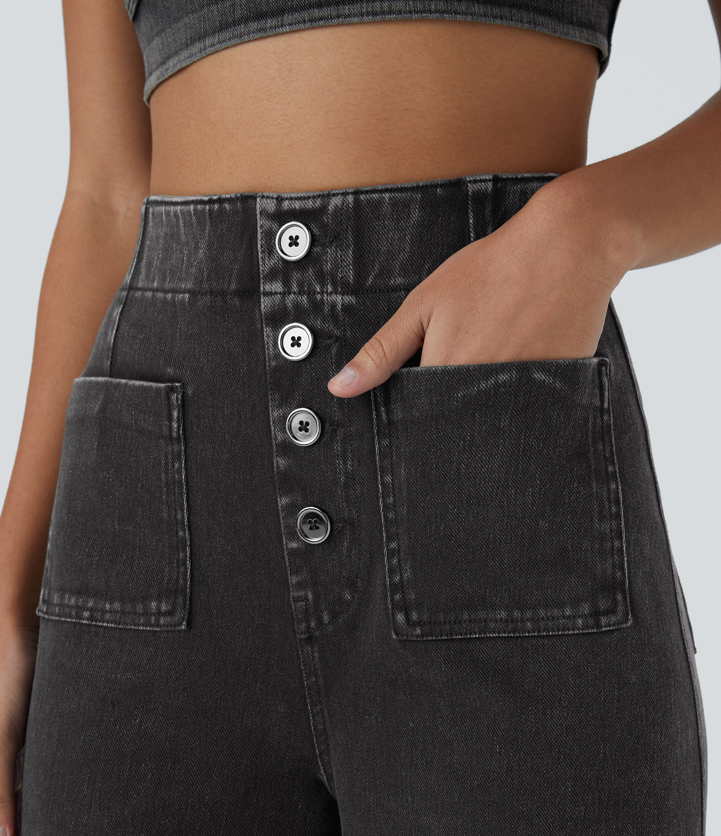 FlexHigh Waisted Pockets Washed Casual Wide Leg Jeans