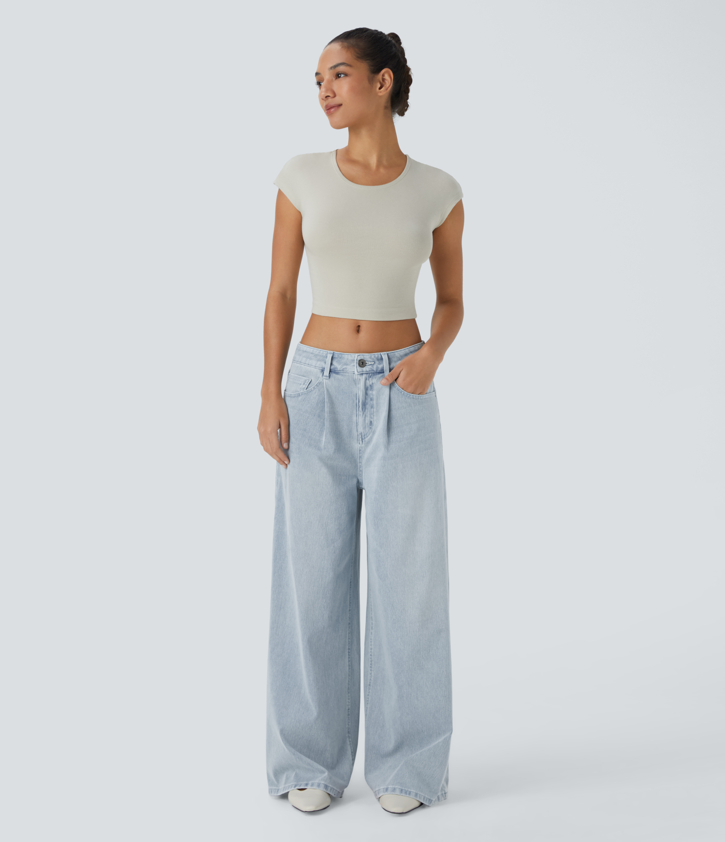 FlexMid Rise Zipper Pockets Baggy Wide Leg Washed Casual Jeans