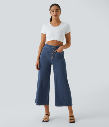 FlexHigh Waisted Pockets Washed Casual Wide Leg Jeans