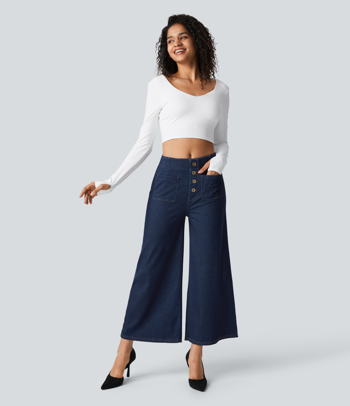 FlexHigh Waisted Pockets Washed Casual Wide Leg Jeans