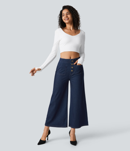 FlexHigh Waisted Pockets Washed Casual Wide Leg Jeans