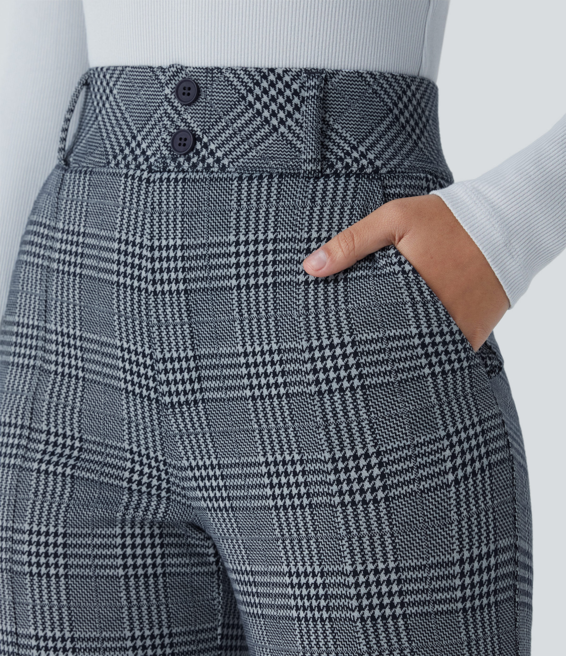 FlexHigh Waisted Decorative Pocket Houndstooth Plaid Work Flare Pants