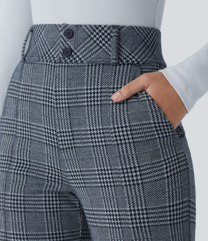 FlexHigh Waisted Decorative Pocket Houndstooth Plaid Work Flare Pants