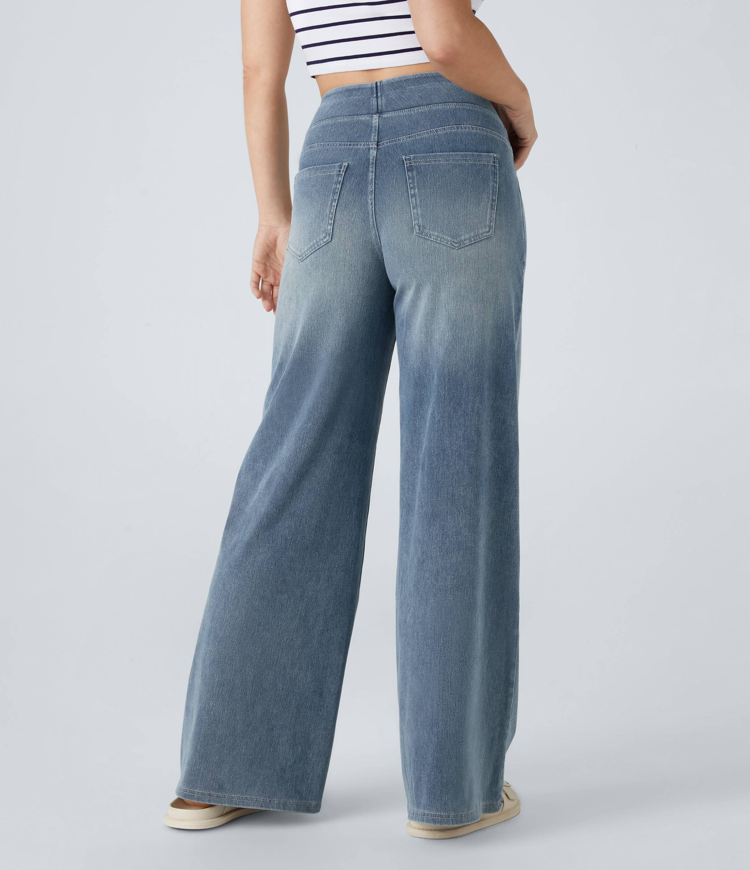 FlexHigh Waisted Pockets Baggy Wide Leg Washed Casual Jeans