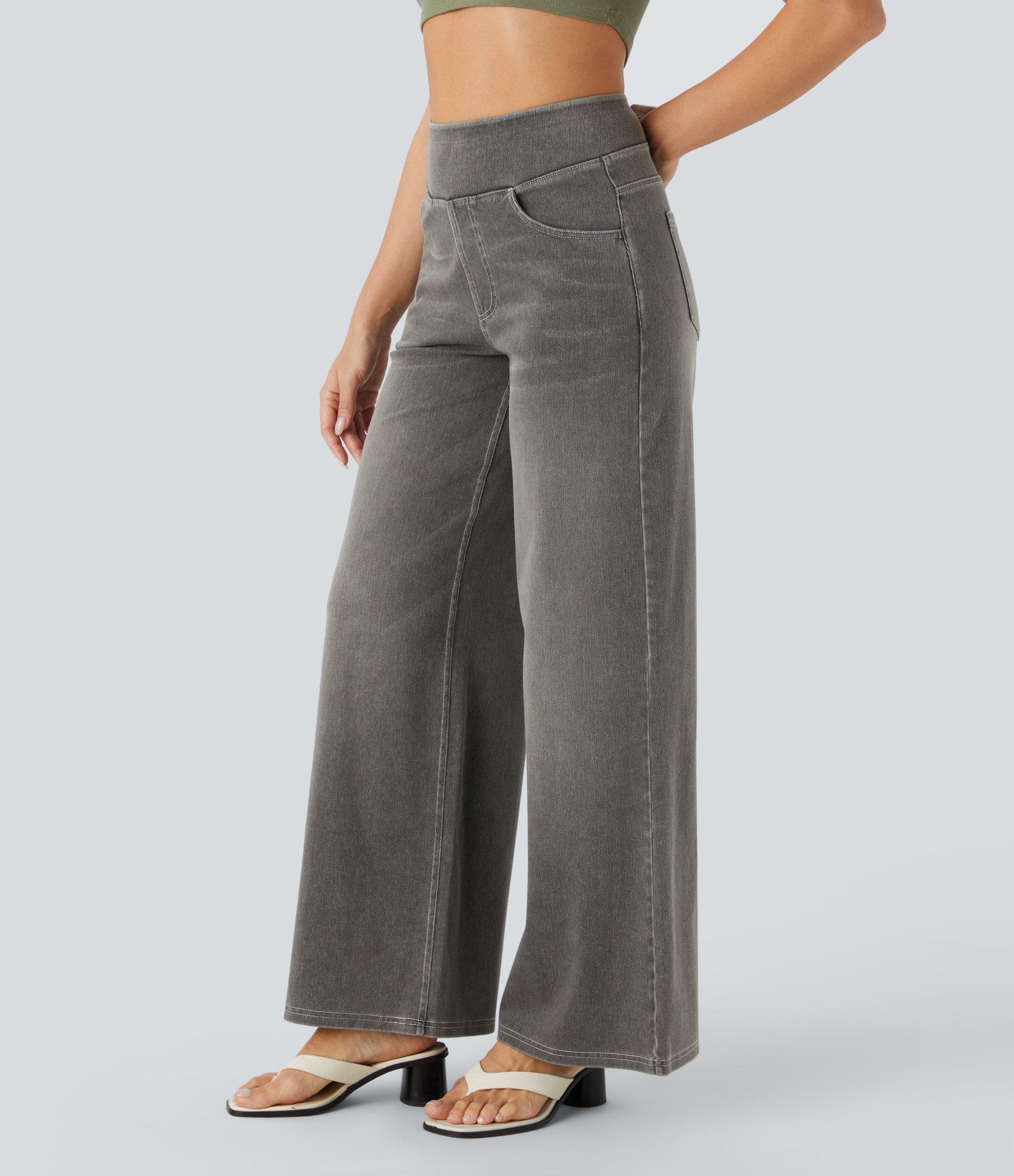 FlexHigh Waisted Pockets Baggy Wide Leg Washed Casual Jeans