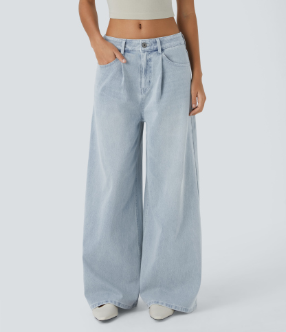 FlexMid Rise Zipper Pockets Baggy Wide Leg Washed Casual Jeans