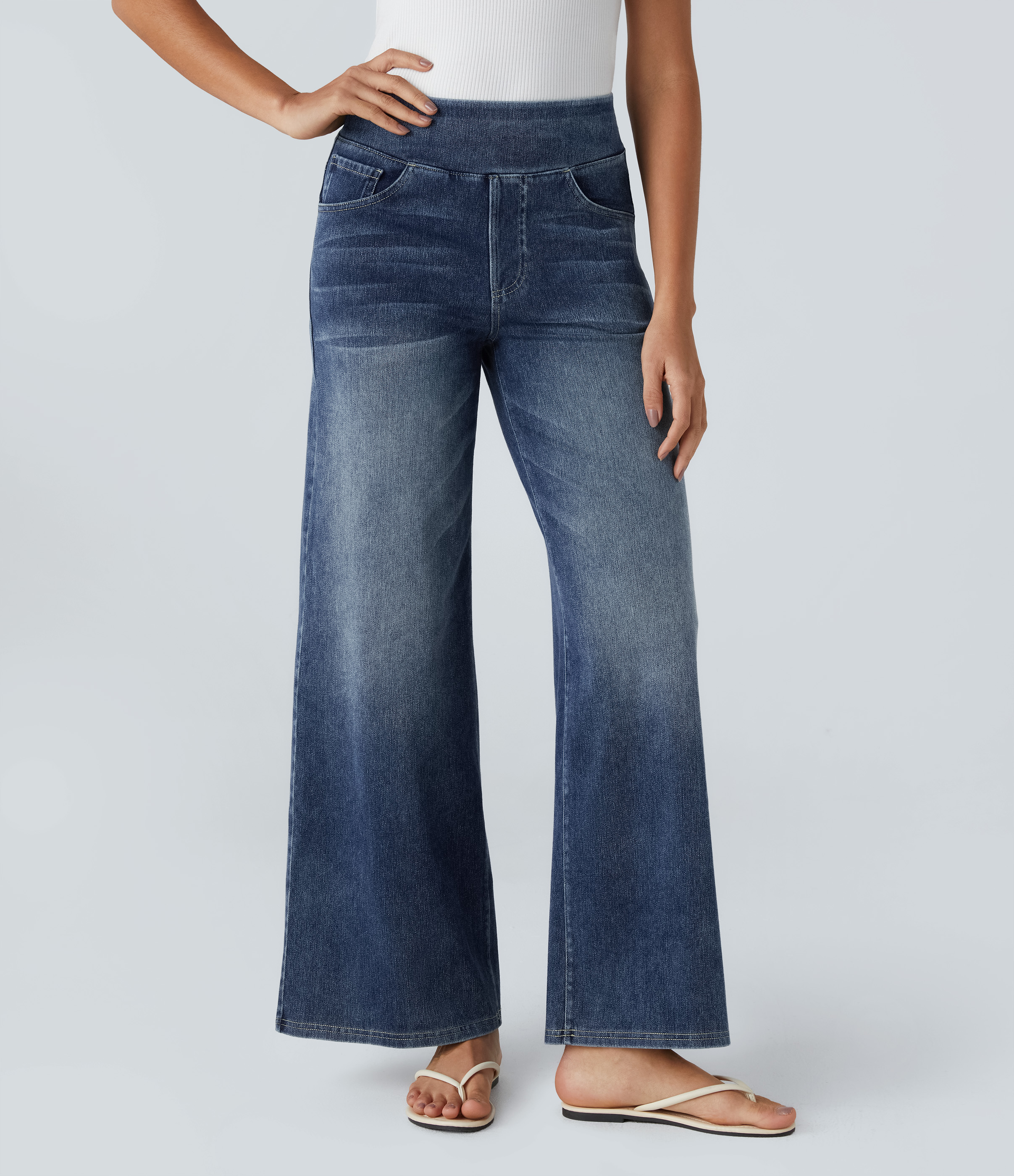FlexHigh Waisted Pockets Baggy Wide Leg Washed Casual Jeans