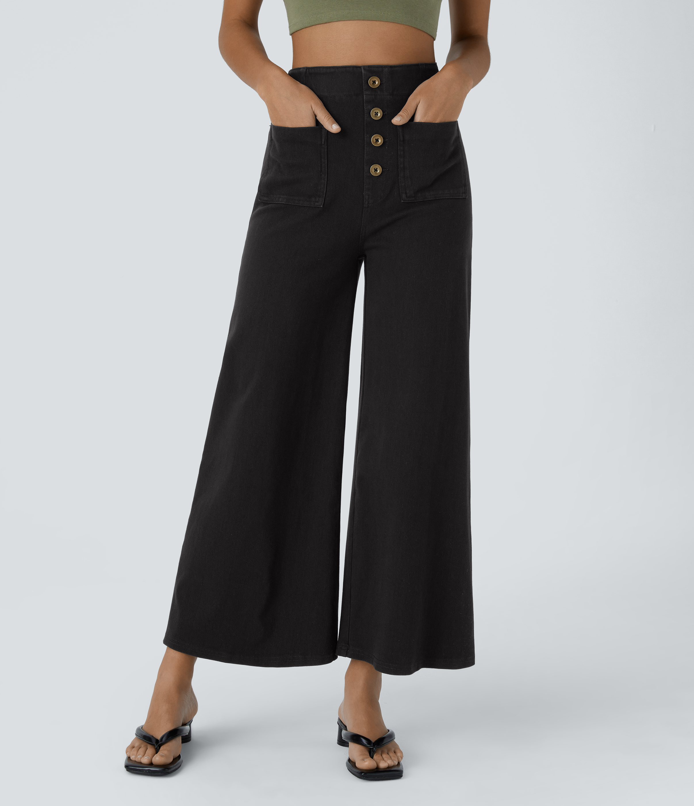 FlexHigh Waisted Pockets Washed Casual Wide Leg Jeans