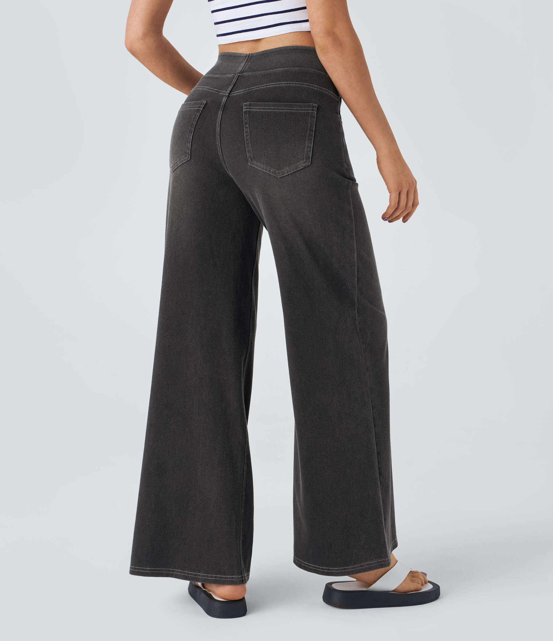FlexHigh Waisted Pockets Baggy Wide Leg Washed Casual Jeans