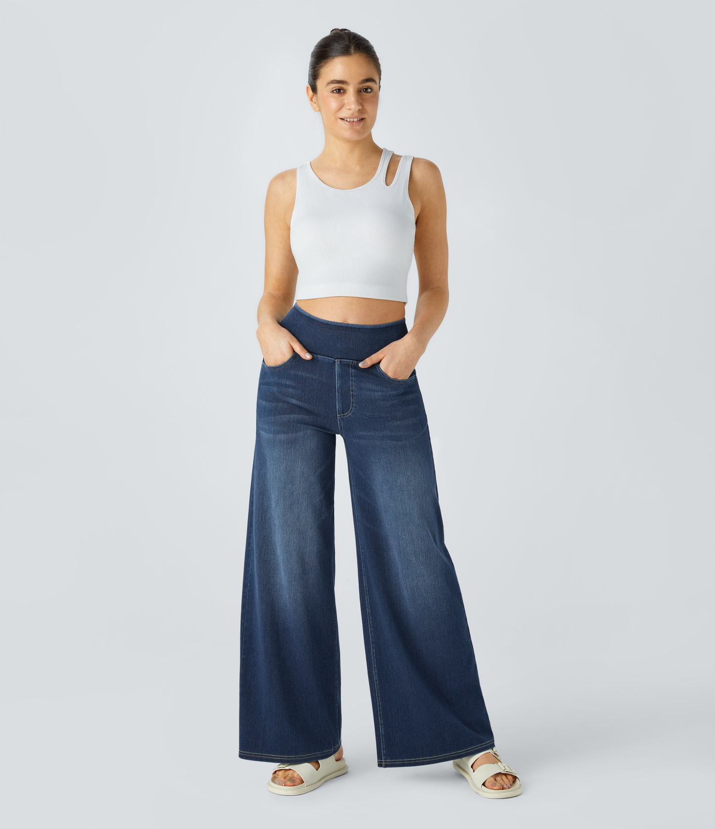 FlexHigh Waisted Pockets Baggy Wide Leg Washed Casual Jeans