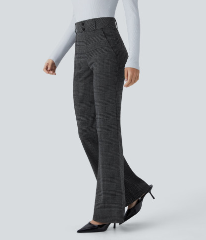 FlexHigh Waisted Decorative Pocket Houndstooth Plaid Work Flare Pants