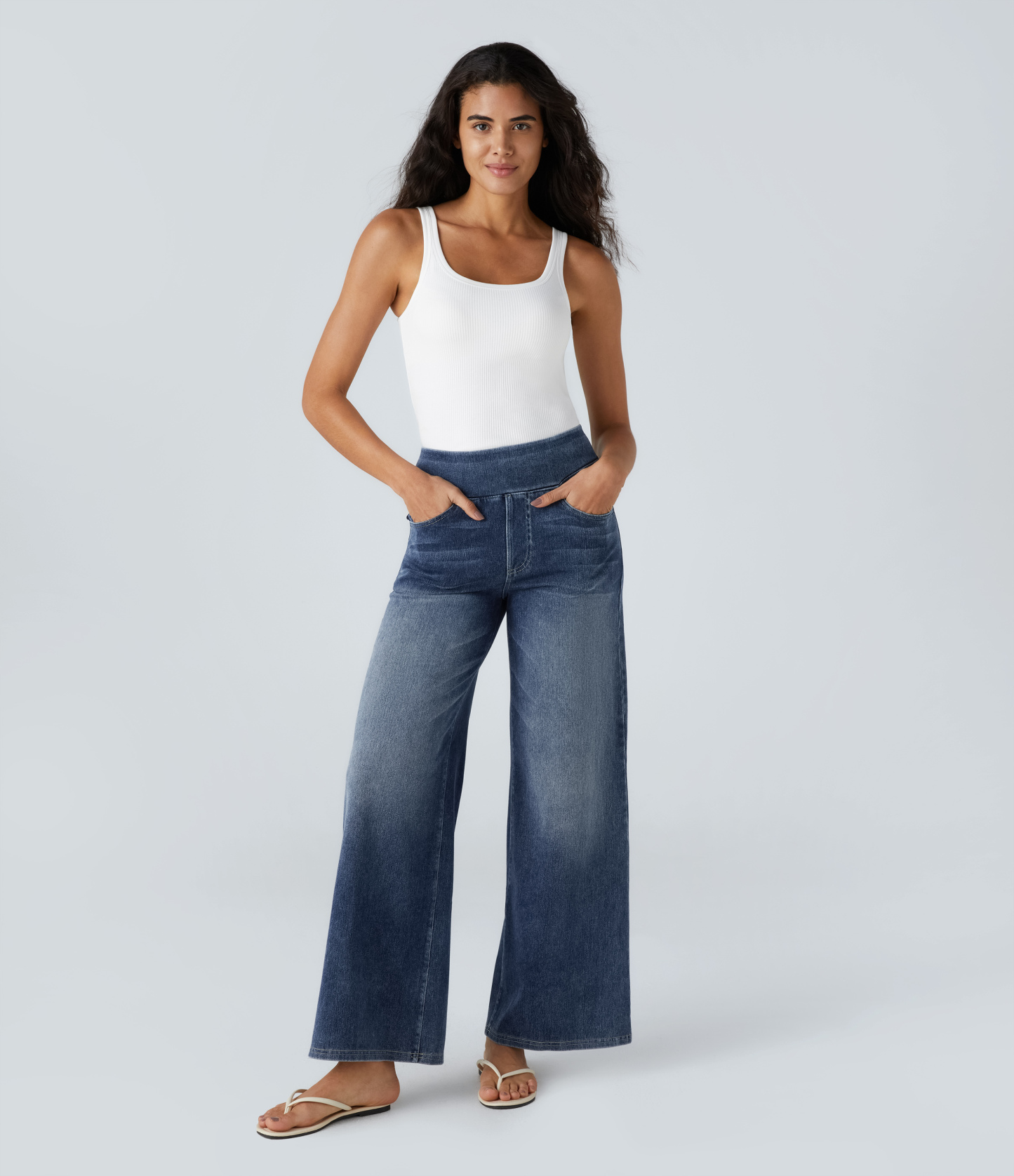 FlexHigh Waisted Pockets Baggy Wide Leg Washed Casual Jeans