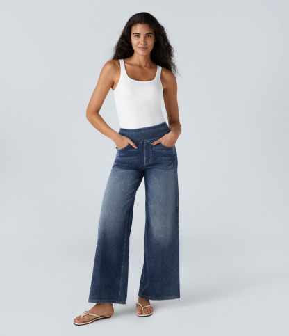 FlexHigh Waisted Pockets Baggy Wide Leg Washed Casual Jeans
