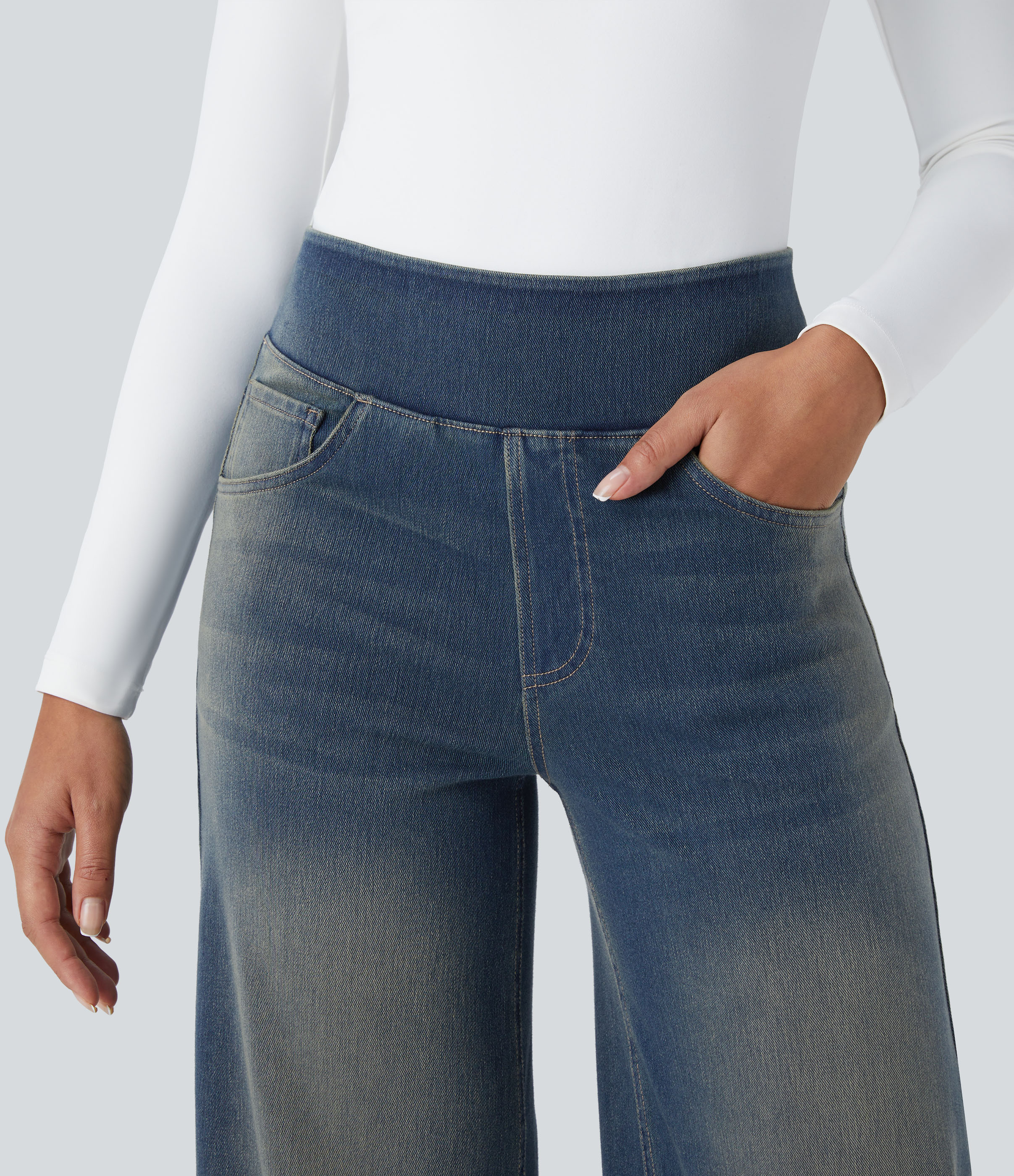 FlexHigh Waisted Pockets Baggy Wide Leg Washed Casual Jeans