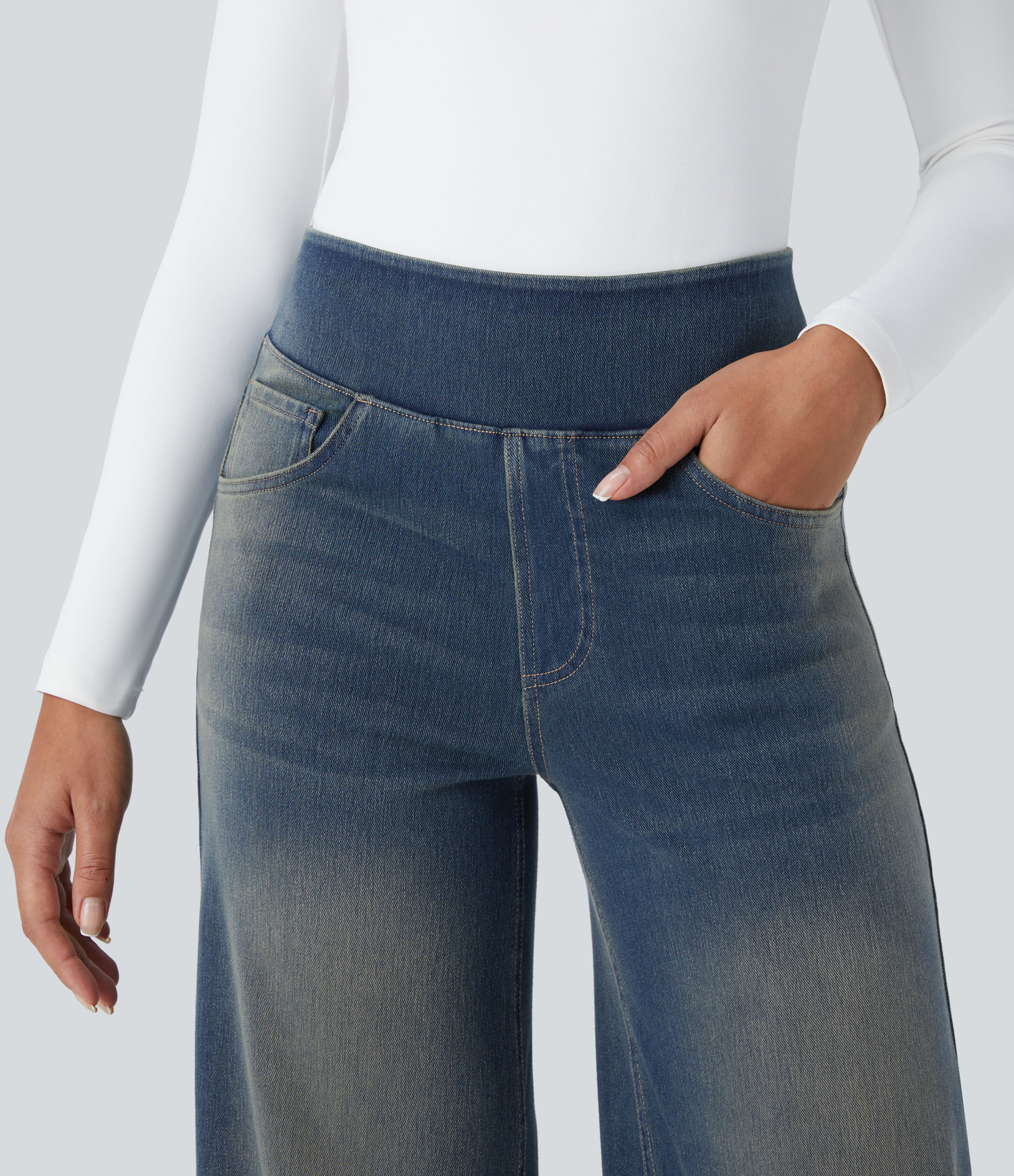 FlexHigh Waisted Pockets Baggy Wide Leg Washed Casual Jeans