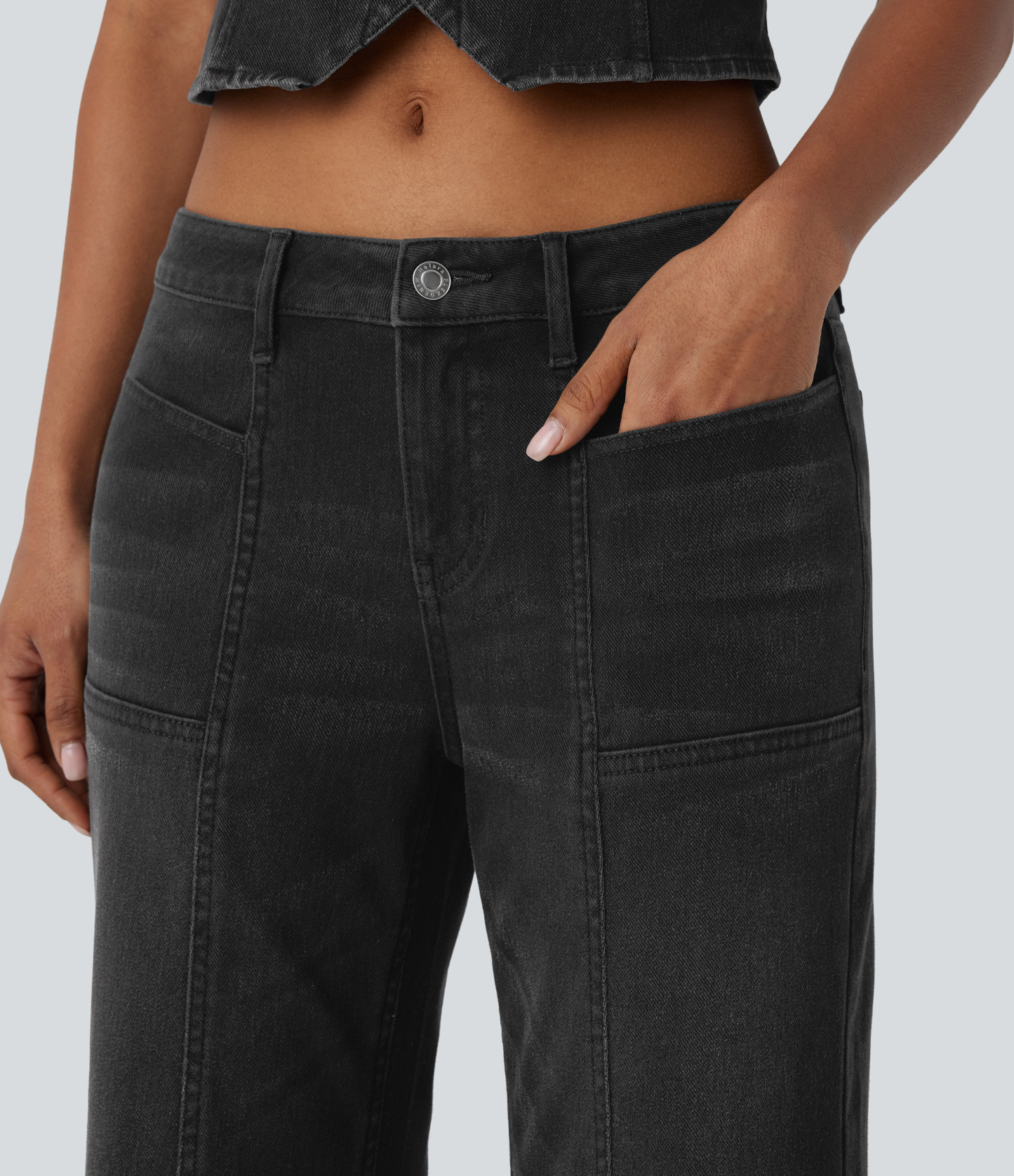 FlexLow Rise Zipper Pockets Baggy Wide Leg Flare Washed Casual Jeans