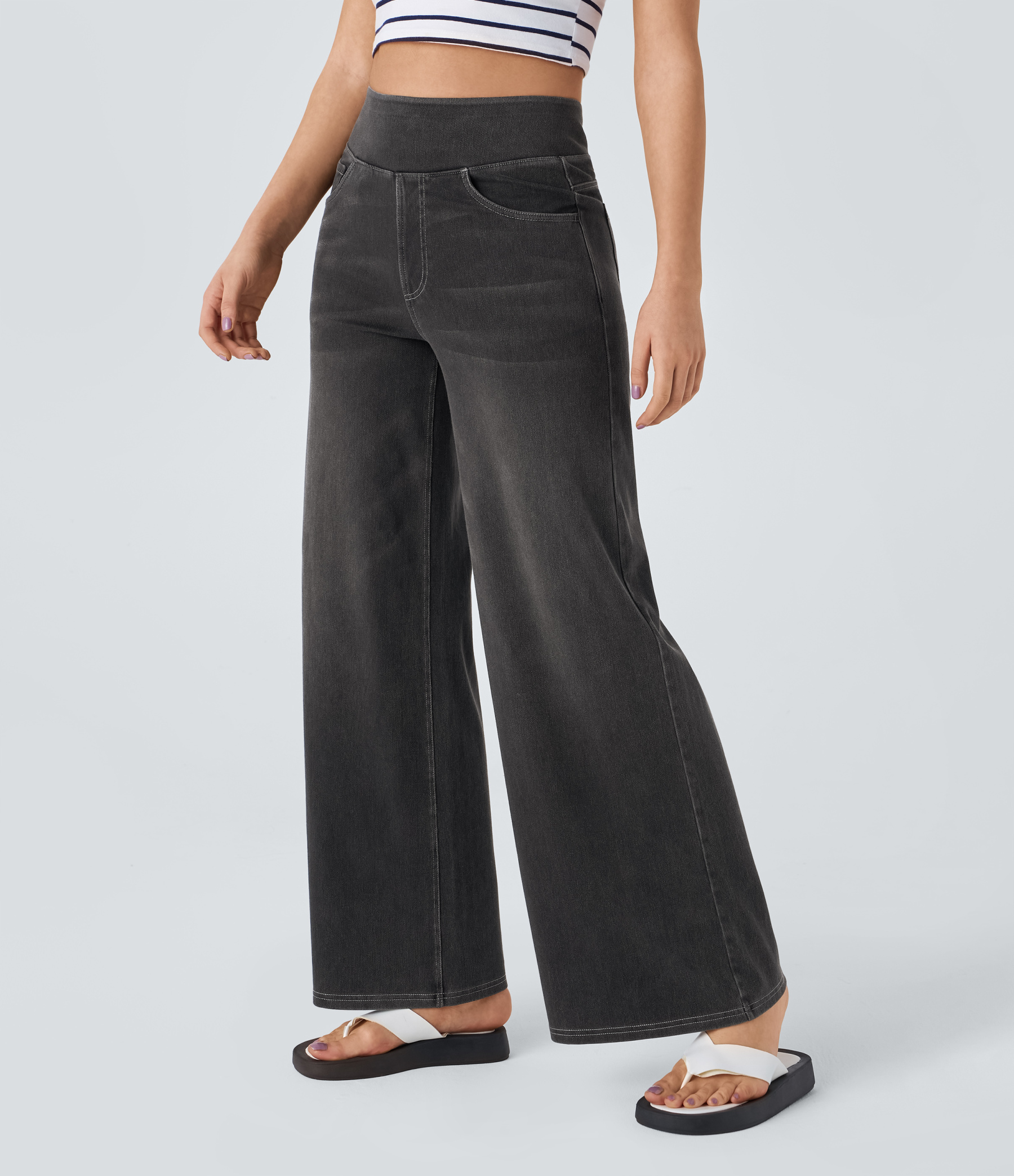 FlexHigh Waisted Pockets Baggy Wide Leg Washed Casual Jeans