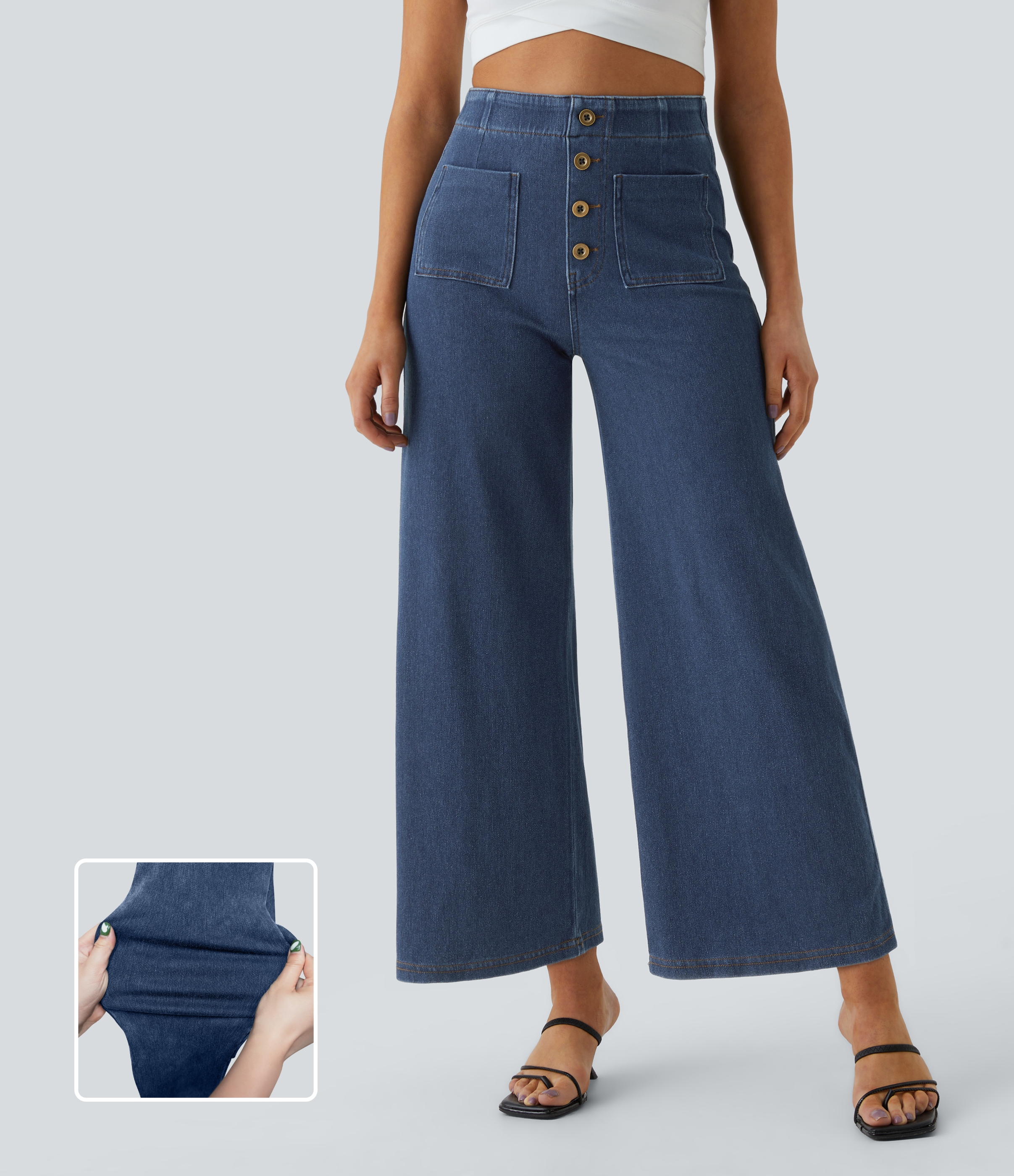 FlexHigh Waisted Pockets Washed Casual Wide Leg Jeans